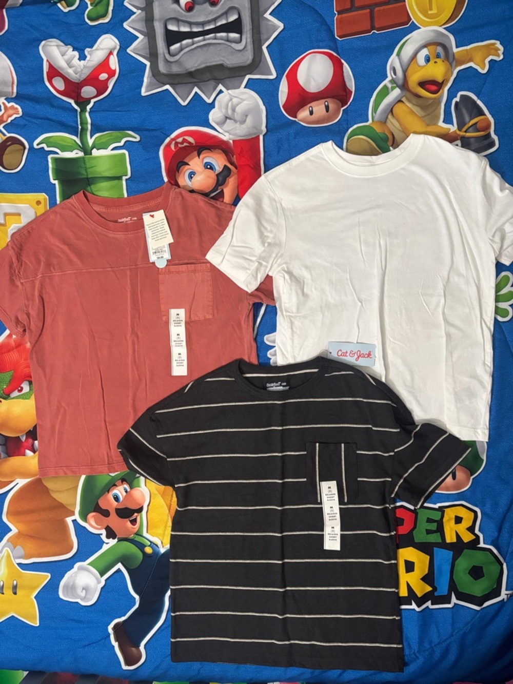 2/$25 Cat & Jack Short Sleeve Tee Trio in White, Rust, and Black Stripe